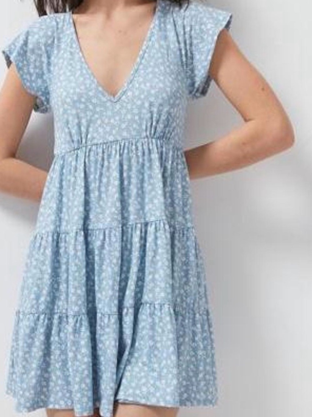 Urban Outfitters Light Blue Floral Tiered V-Neck Dress
